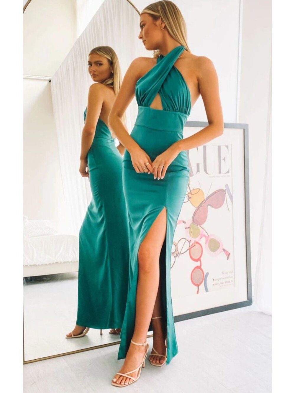 NWT Beginning Boutique Higher Love Formal Dress Peacock Green Satin 8